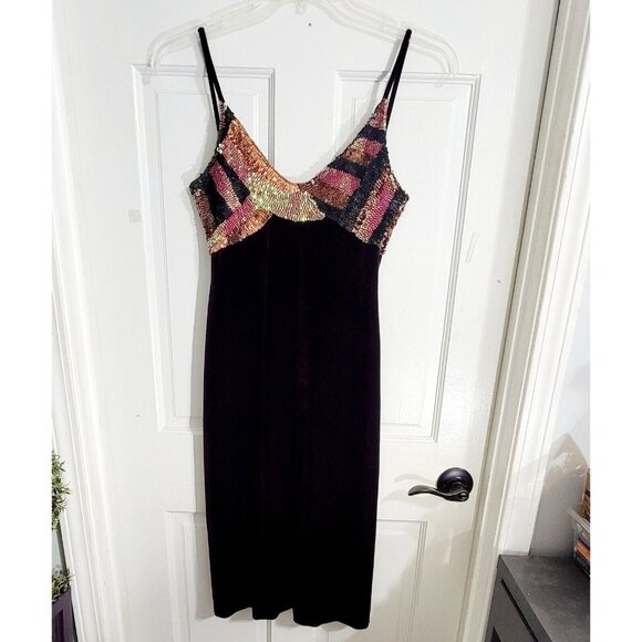 Vakko Womens Purple Velvet Sleeveless Dress Sequins V Neck Spaghetti Strap Small - Picture 2 of 11